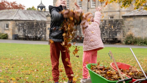 Children playing with leaves at Wallington, Northumberland